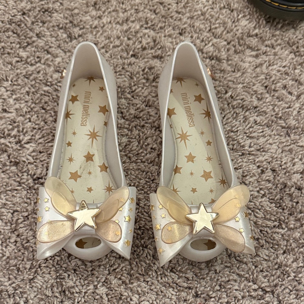Mini Melissa Kids' White and Gold Bow Star Shoes